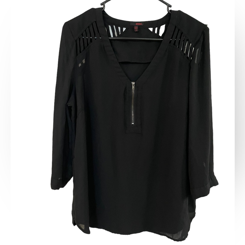 Bongo Black Lightweight Blouse Zipper Front Size Large EUC